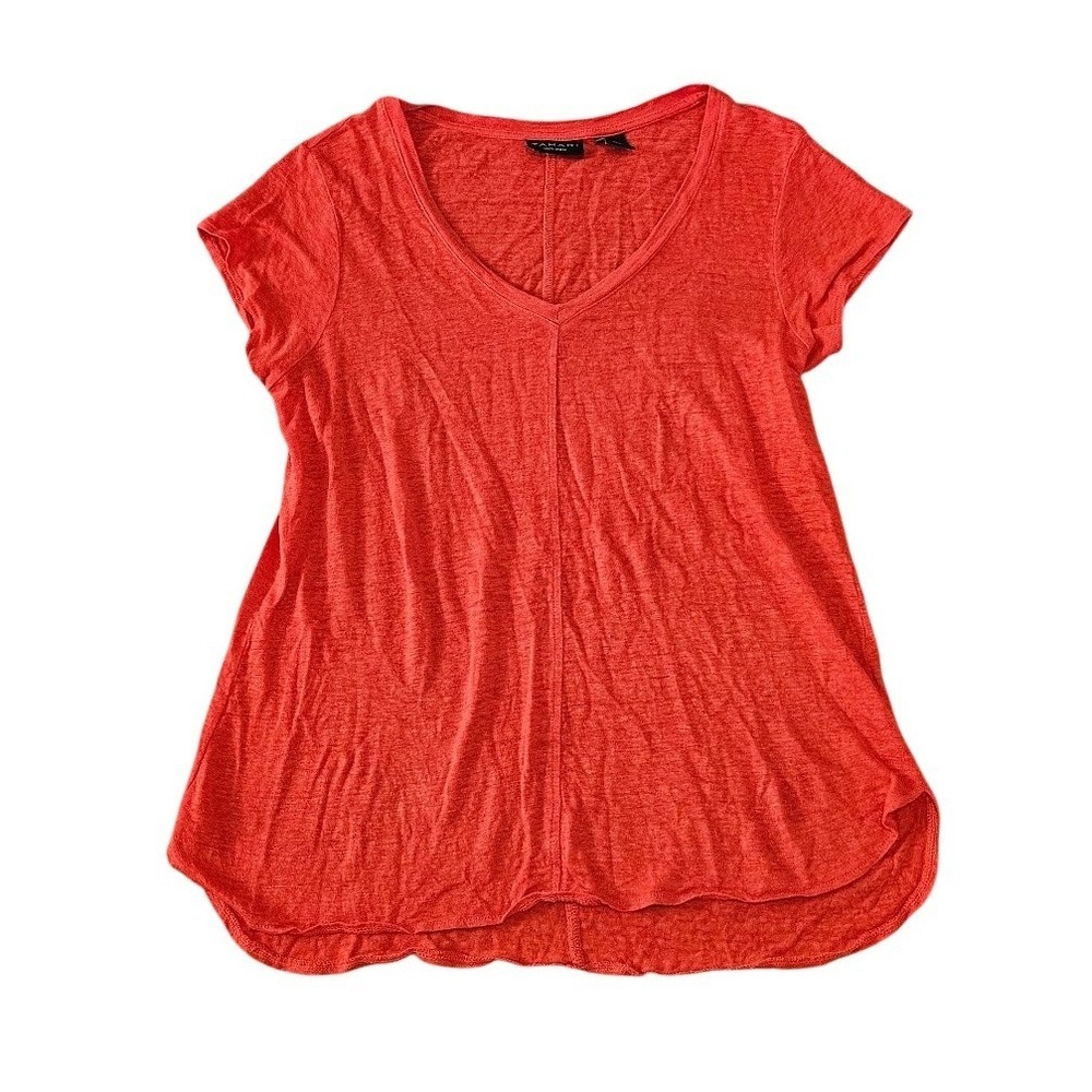 Tahari Women Coral Orange 100% Linen V-Neck Short Sleeve Top Size Medium